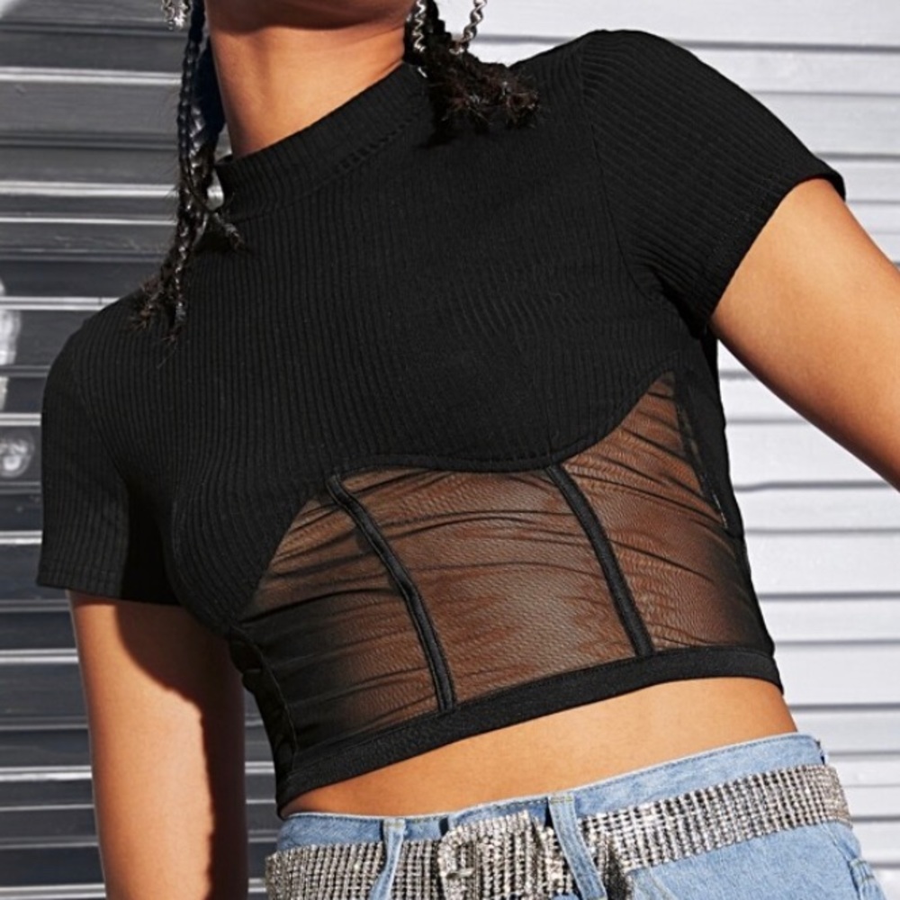Ribbed Sheer Mesh Piping Crop Top